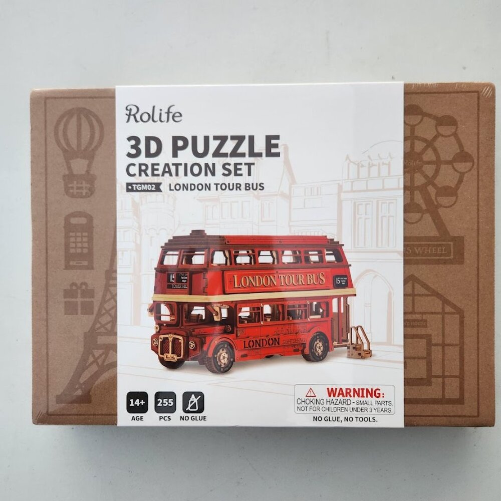 New Rolife 3D Puzzle Wooden London Tour Bus 7.6" Model Toy Car Craft Project